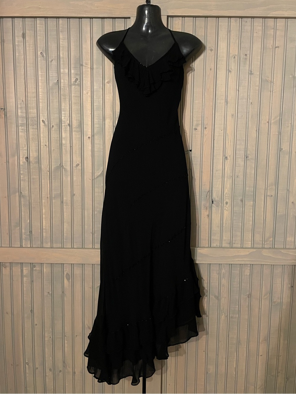 Elegant Black Ruffle-Trim Slip Dress
